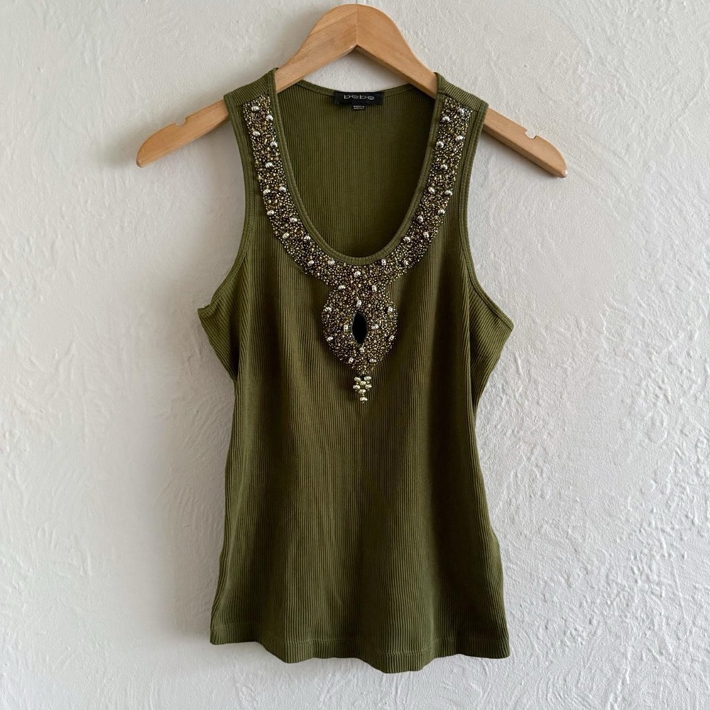 Bebe Khaki Olive Green Beaded Tank Top Size M